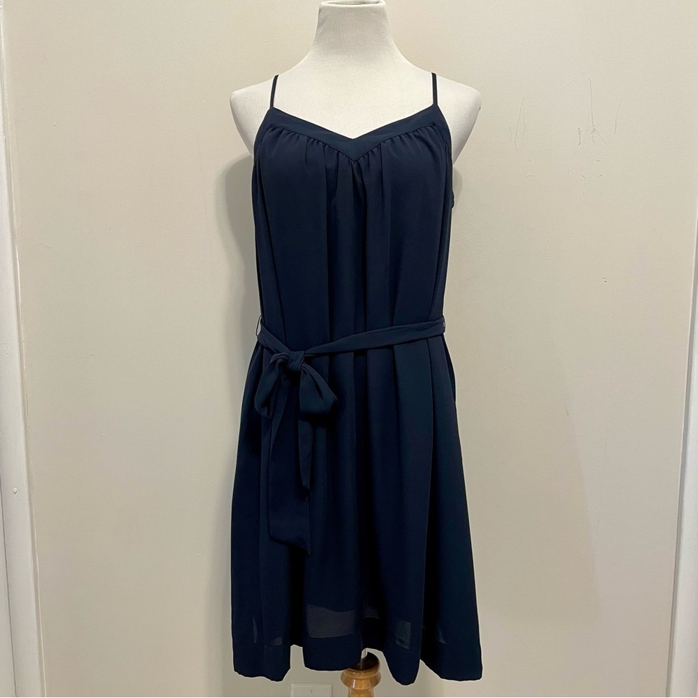 NWOT Banana Republic Belted Crepe Dark Navy A-line Spaghetti Strap Dress Size 12